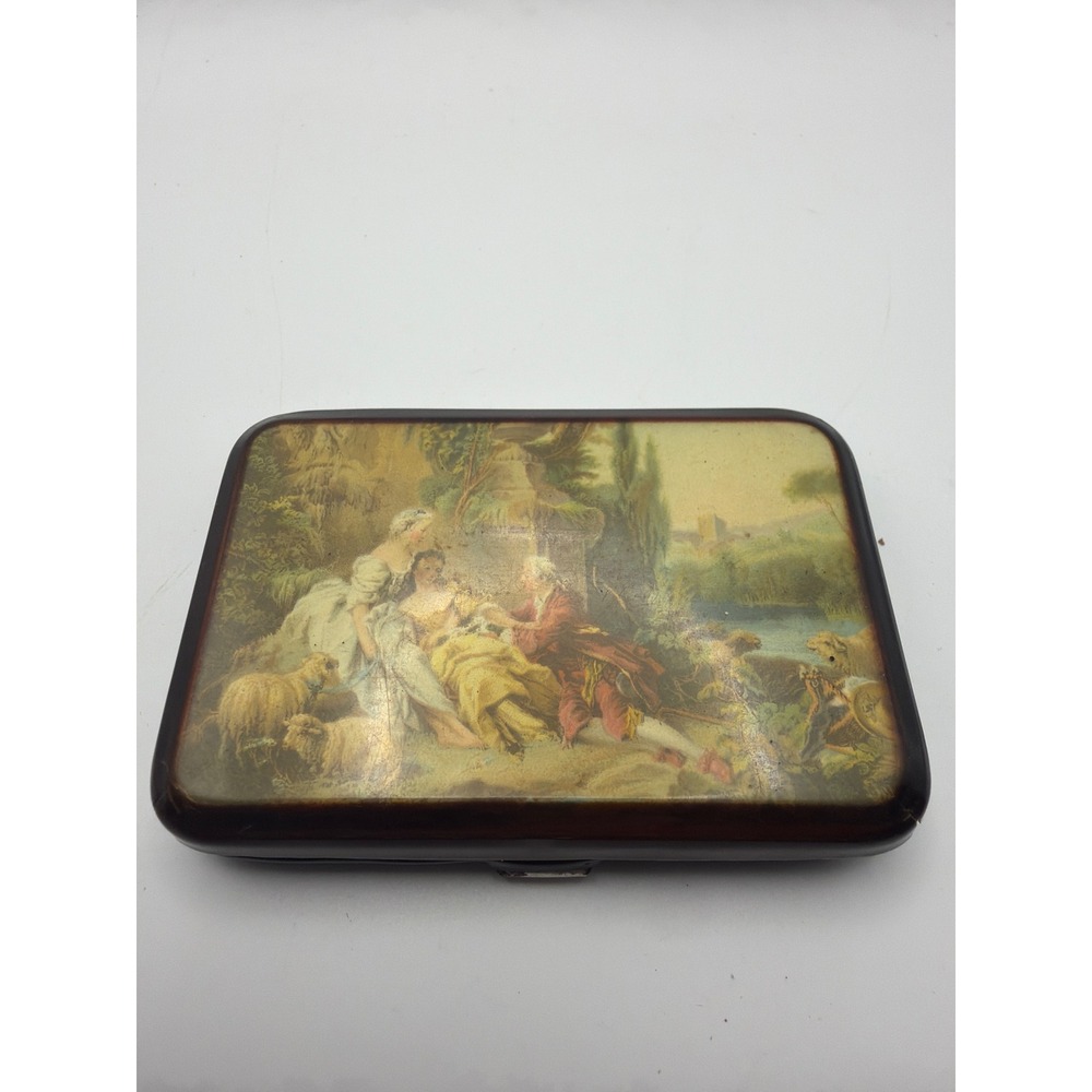 Vintage Fragonard Style Pocket Bobby Pin Case Pastoral Scene Hairpin Tin Black